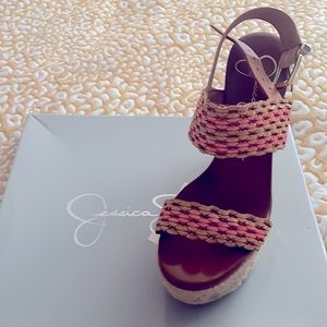 Jessica Simpson wedges.  Beige and peach design.